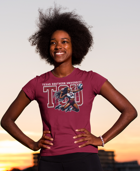 Woman wearing a Texas Southern University t-shirt with a sunset in the background
